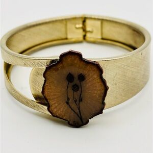 VTG 1960s–70s Boho Gold Tone Hinged Bracelet w/ Wood Medallion